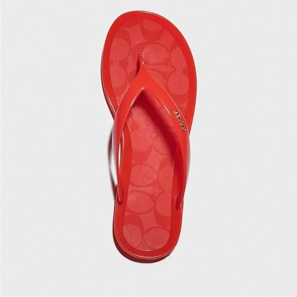 Coach Nisa Red Jelly Logo-Print Thong Sandal with Gold Accent - Picture 1 of 4